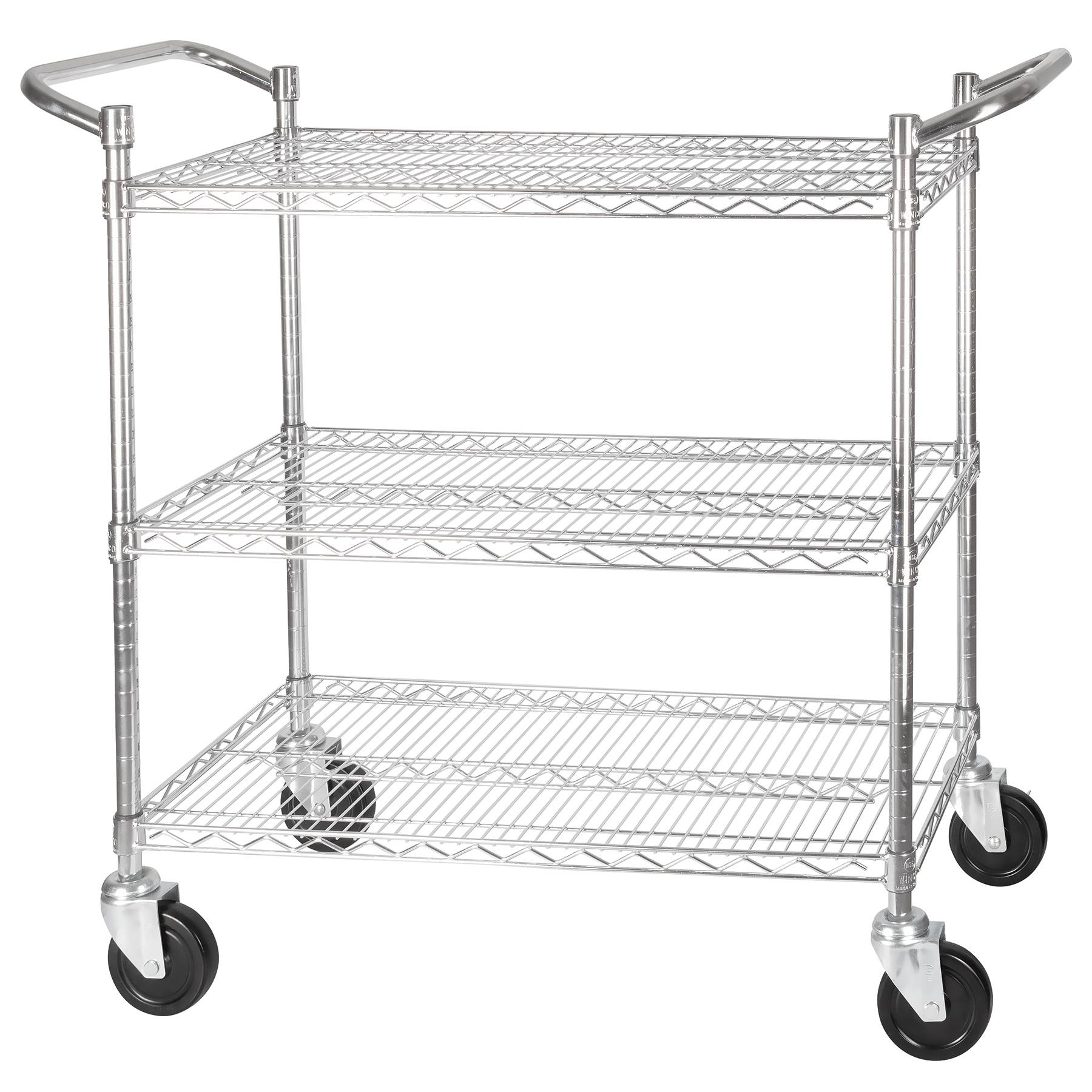 3-Tier Wire Shelving Cart, Chrome Plated, 18"x36", Double Handle W brake