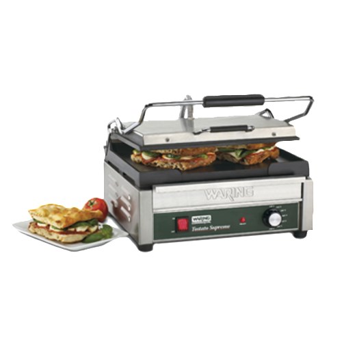 Tostato Supremo Large 
Toasting Grill, electric, 
single, 14-1/2" x 11" cooking 
surface, hinged auto-balancing 
top plate with heat resistant 
handles, flat cast iron 
plates, adjustable thermostats 
570F (300C), indicator 
lights, brushed stainless 
steel body & removable drip 
tray, 1.8kW, 120v/60/1-ph, 
15.0 amp, NEMA 5-15P, UL, NSF